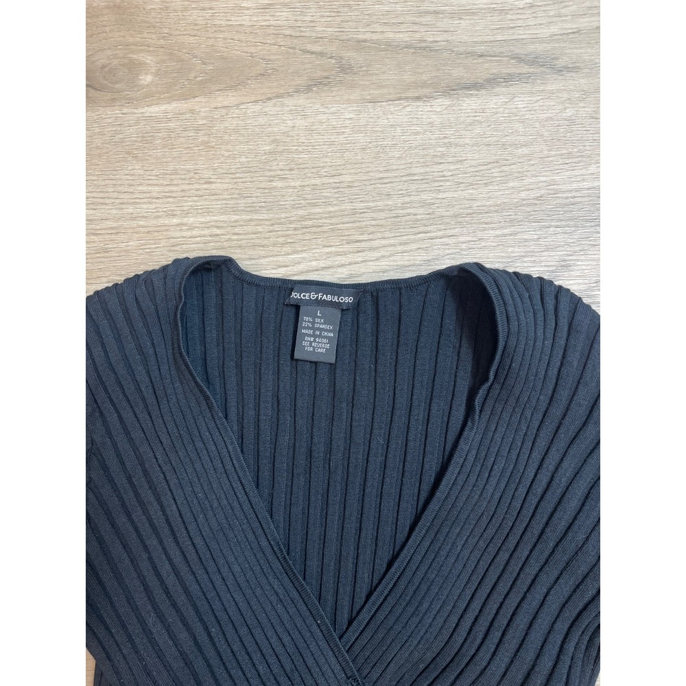 Dolce & Fabuloso Womens L Black Silk Blend Ribbed Surplice VNeck Top Long Sleeve